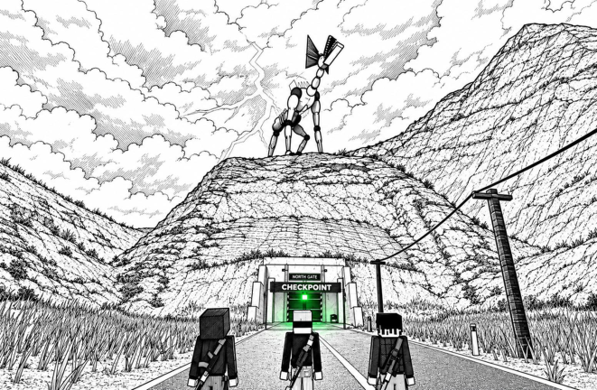 Three armed survivors walk down an abandoned road toward the North Gate checkpoint while a towering monster looms on the hill above.